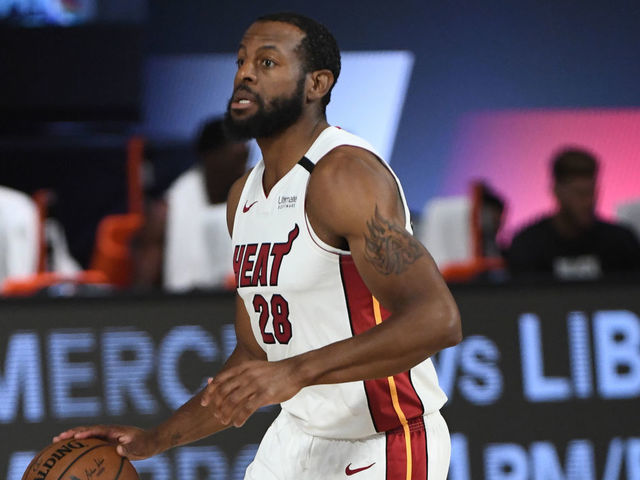 Orlando, FL - AUGUST 1: Andre Iguodala #28 of the Miami Heat handles the ball against the Denver Nuggets during a game on August 1, 2020 at HP Field House at ESPN Wide World of Sports in Orlando, Florida. NOTE TO USER: User expressly acknowledges and agrees that, by downloading and/or using this Photograph, user is consenting to the terms and conditions of the Getty Images License Agreement. Mandatory Copyright Notice: Copyright 2020 NBAE