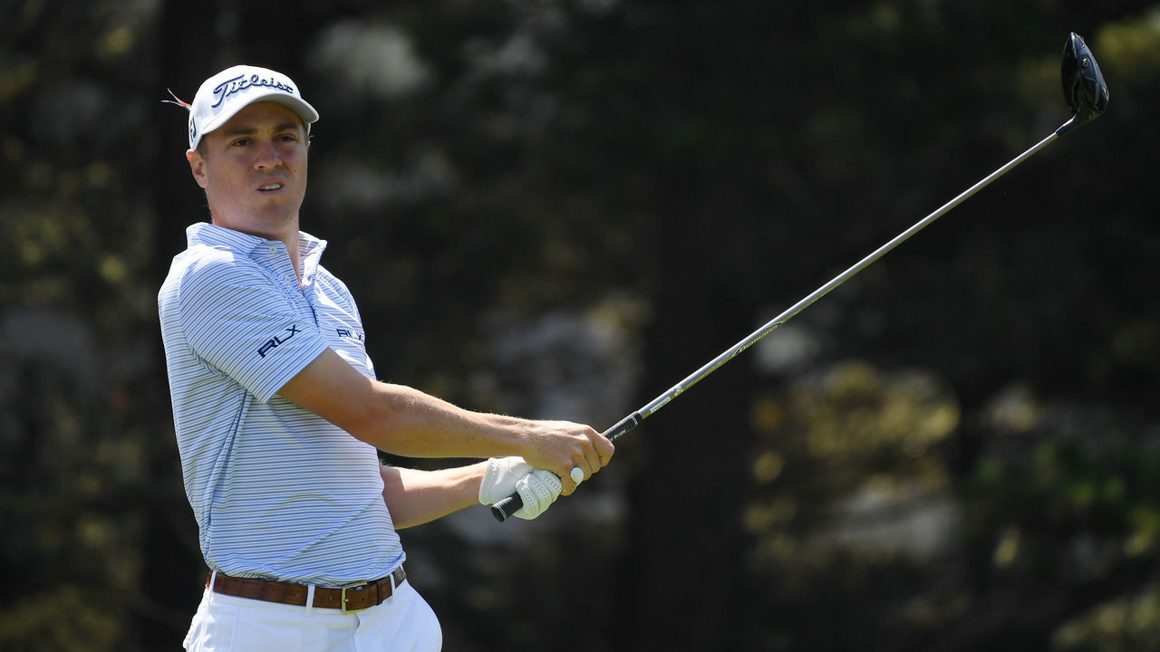 SAN FRANCISCO, CALIFORNIA - AUGUST 08: Justin Thomas of the United States plays a shot from the 14th tee during the third round of the 2020 PGA Championship at TPC Harding Park on August 08, 2020 in San Francisco, California.