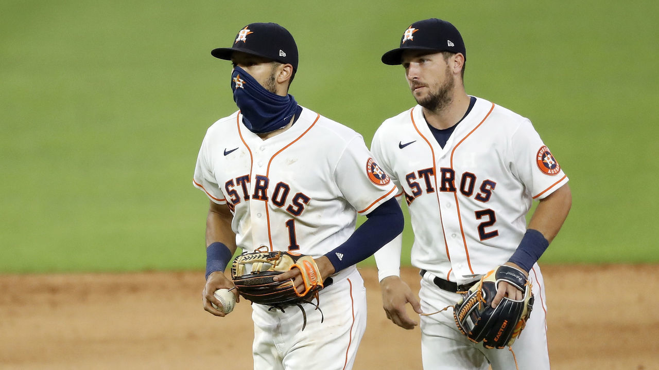 HOUSTON, TEXAS - AUGUST 10: The Houston Astros head off the field after defeating the San Francisco Giants 6-4 at Minute Maid Park on August 10, 2020 in Houston, Texas.