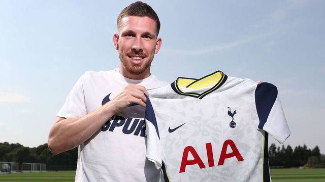 ENFIELD, ENGLAND - AUGUST 11: New signing Pierre-Emile Hojbjerg of Tottenham Hotspur is unveiled by the club on August 11, 2020 in Enfield, England.