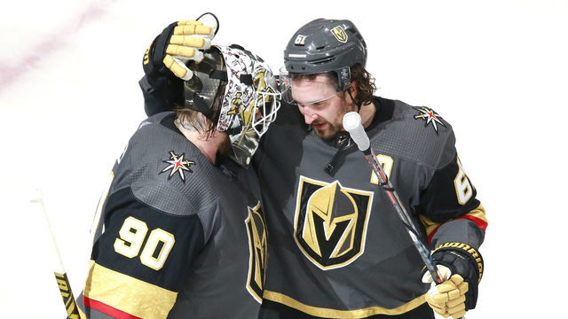 EDMONTON, ALBERTA - AUGUST 03: Robin Lehner #90 of the Vegas Golden Knights is congratulated by teammate Mark Stone #61 after they defeated the Dallas Stars 5-2 in a Western Conference Round Robin game during the 2020 NHL Stanley Cup Playoff at Rogers Place on August 03, 2020 in Edmonton, Alberta.