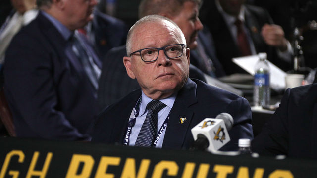VANCOUVER, BRITISH COLUMBIA - JUNE 21: General manager Jim Rutherford of the Pittsburgh Penguins looks on from the team draft table during the first round of the 2019 NHL Draft at Rogers Arena on June 21, 2019 in Vancouver, Canada.