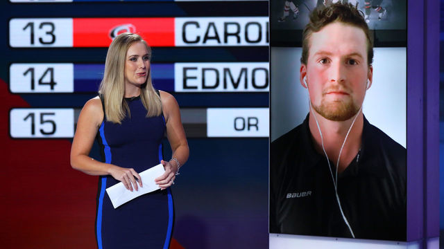 SECAUCUS, NEW JERSEY - AUGUST 10: NHL Network studio host Jamie Hersch interviews top prospect Alexis Lafreniere during Phase 2 of the 2020 NHL Draft Lottery on August 10, 2020 at the NHL Network's studio in Secaucus, New Jersey.