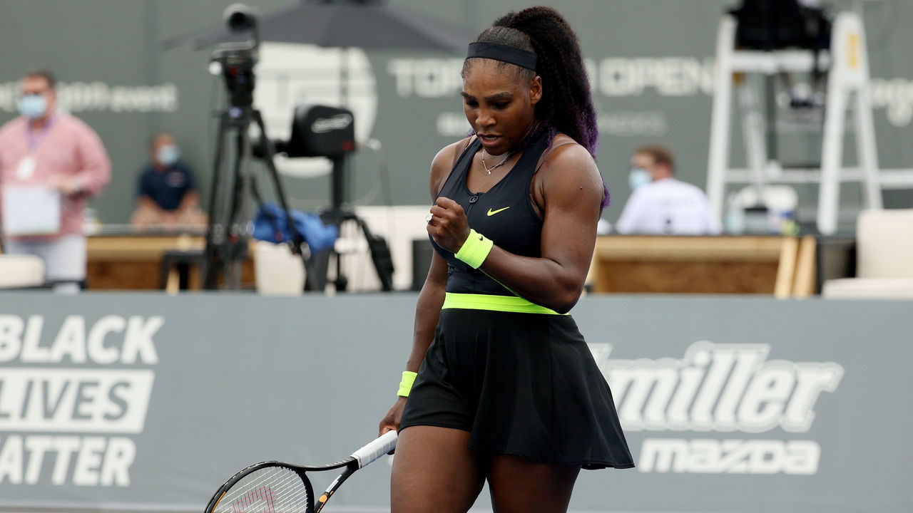 LEXINGTON, KENTUCKY - AUGUST 11: Serena Williams reacts after winning a point during her match against Bernarda Pera during Top Seed Open - Day 2 at the Top Seed Tennis Club on August 11, 2020 in Lexington, Kentucky.