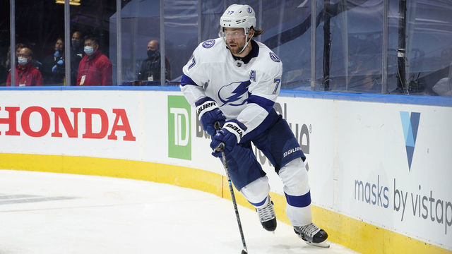 TORONTO, ONTARIO - AUGUST 05: Victor Hedman #77 of the Tampa Bay Lightning skates behind the net in the third period of a Round Robin game against the Boston Bruins during the 2020 NHL Stanley Cup Playoff at Scotiabank Arena on August 05, 2020 in Toronto, Ontario.