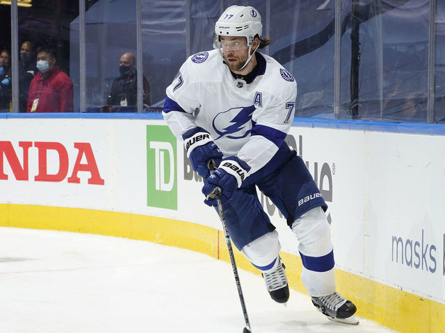 TORONTO, ONTARIO - AUGUST 05: Victor Hedman #77 of the Tampa Bay Lightning skates behind the net in the third period of a Round Robin game against the Boston Bruins during the 2020 NHL Stanley Cup Playoff at Scotiabank Arena on August 05, 2020 in Toronto, Ontario.