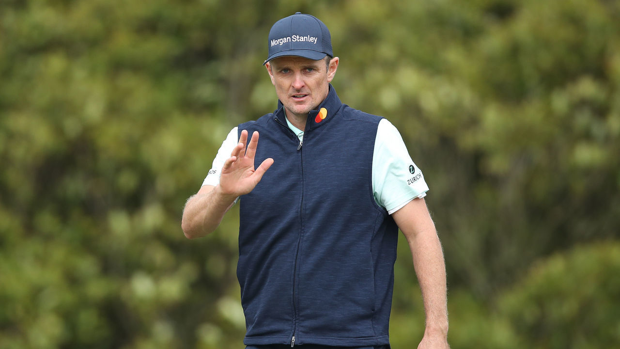 SAN FRANCISCO, CALIFORNIA - AUGUST 08: Justin Rose of England waves on the 11th green during the third round of the 2020 PGA Championship at TPC Harding Park on August 08, 2020 in San Francisco, California.