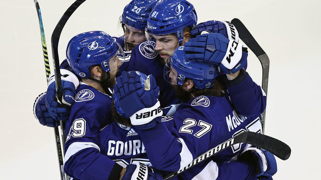 TORONTO, ONTARIO - AUGUST 11: Yanni Gourde #37 and the Tampa Bay Lightning celebrate his game tying goal at 23 seconds of the third period against the Columbus Blue Jackets in Game One of the Eastern Conference First Round during the 2020 NHL Stanley Cup Playoffs at Scotiabank Arena on August 11, 2020 in Toronto, Ontario, Canada.