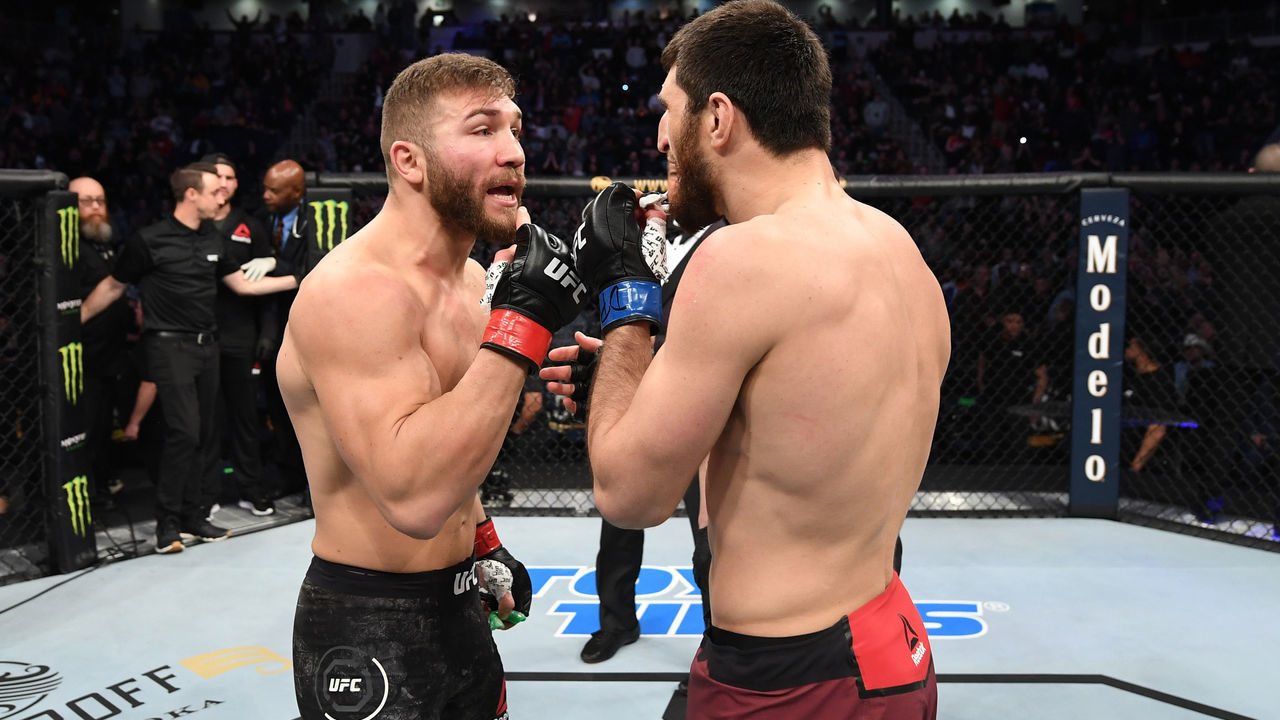 NORFOLK, VA - FEBRUARY 29: (L-R) Ion Cutelaba and Magomed Ankalaev exchange words after their light heavyweight bout during the UFC Fight Night event at Chartway Arena on February 29, 2020 in Norfolk, Virginia.