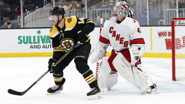 BOSTON, MA - DECEMBER 03: Carolina Hurricanes goalie James Reimer (47) peers over Boston Bruins winger Chris Wagner (14) during a game between the Boston Bruins and the Carolina Hurricanes on December 3, 2019, at TD garden in Boston, Massachusetts.