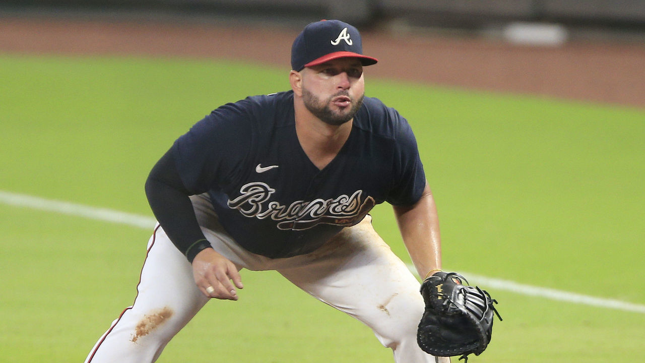 ATLANTA, GA - JULY 21: Yonder Alonso (45) of the Atlanta Braves during the exhibition MLB baseball game between the Atlanta Braves and the Miami Marlins on July 21, 2020 at Truist Park in Atlanta, Georgia.