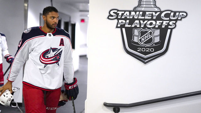 TORONTO, ONTARIO - AUGUST 11: Seth Jones #3 of the Columbus Blue Jackets walks out to warm up before playing against the Tampa Bay Lightning in Game One of the Eastern Conference First Round of the 2020 NHL Stanley Cup Playoff at Scotiabank Arena on August 11, 2020 in Toronto, Ontario.