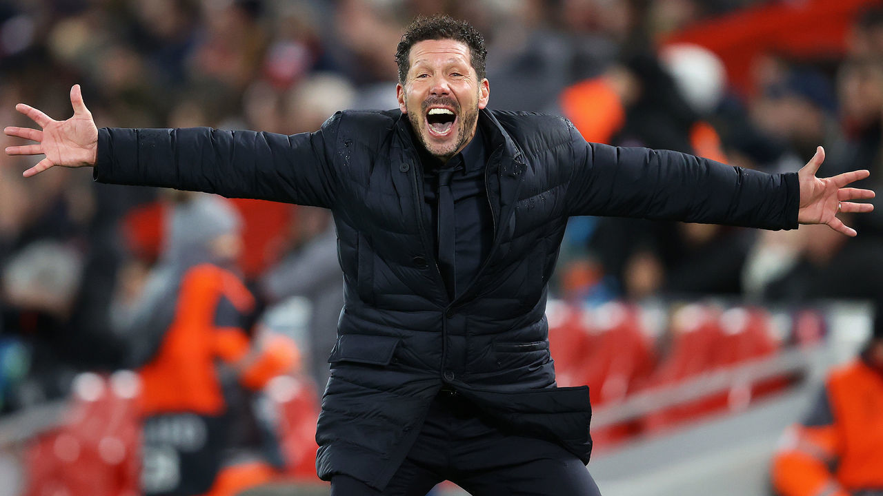 LIVERPOOL, ENGLAND - MARCH 11: Diego Simeone, Manager of Atletico Madrid celebrates his sides second goal during the UEFA Champions League round of 16 second leg match between Liverpool FC and Atletico Madrid at Anfield on March 11, 2020 in Liverpool, United Kingdom.
