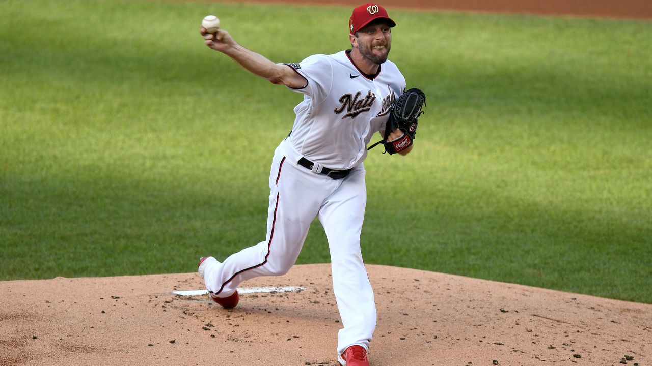 WASHINGTON, DC - AUGUST 05: Max Scherzer #31 of the Washington Nationals pitches in the first inning against the New York Mets at Nationals Park on August 5, 2020 in Washington, DC.