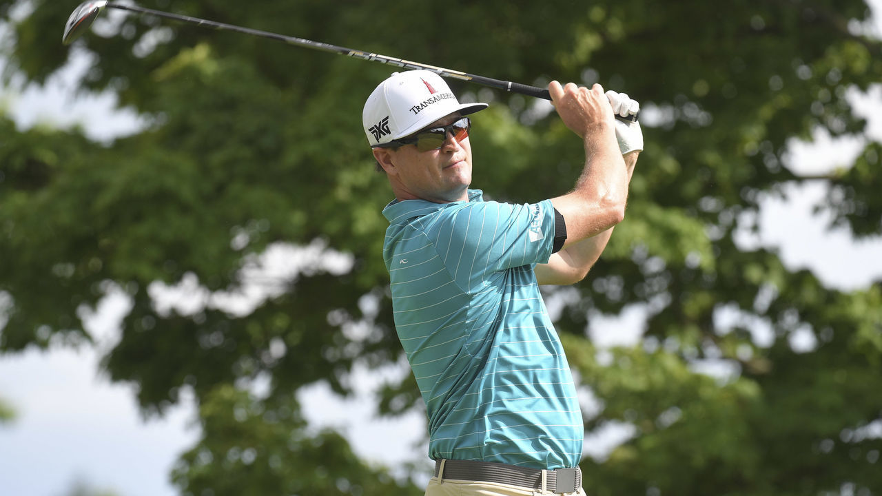 DUBLIN, OH - JULY 10: Zach Johnson hits a tee shot on the fifth hole during the second round of the Workday Charity Open at Muirfield Golf Club on July 10, 2020 in Dublin, Ohio.