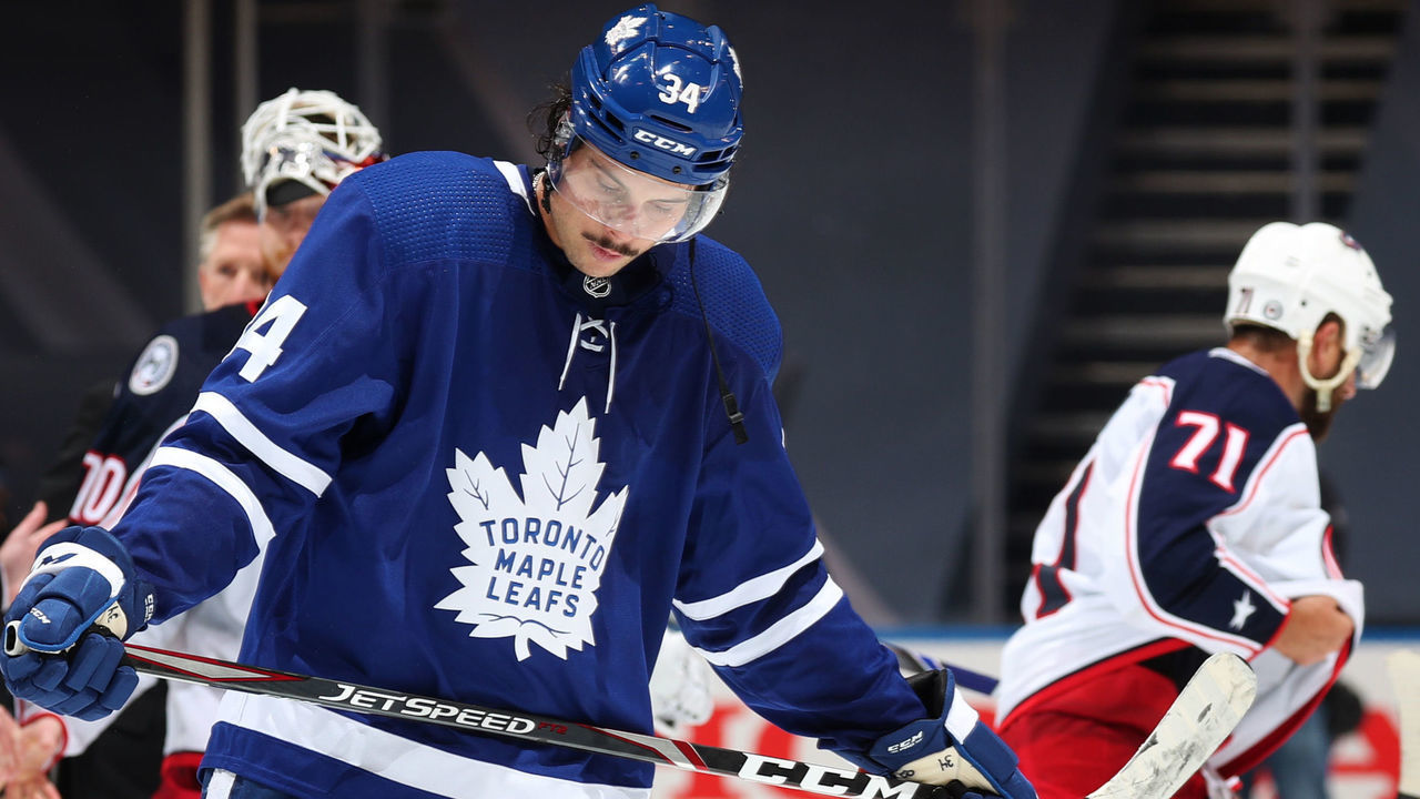 TORONTO, ONTARIO - AUGUST 09: Auston Matthews #34 of the Toronto Maple Leafs reacts after his team was defeated 3-0 by the Columbus Blue Jackets after Game Five of the Eastern Conference Qualification Round at Scotiabank Arena on August 09, 2020 in Toronto, Ontario.