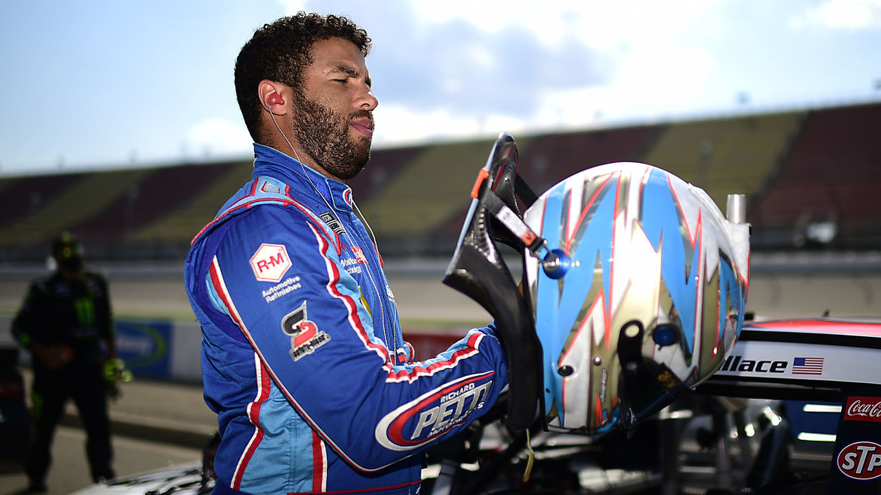 BROOKLYN, MICHIGAN - AUGUST 09: Bubba Wallace, driver of the #43 Victory Junction Chevrolet, prepares for the NASCAR Cup Series Consumers Energy 400 at Michigan International Speedway on August 09, 2020 in Brooklyn, Michigan.