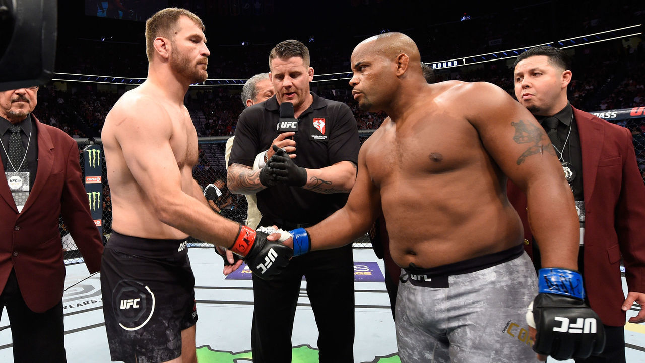 LAS VEGAS, NV - JULY 07: Daniel Cormier shakes hands with Stipe Miocic before their UFC heavyweight championship fight during the UFC 226 event inside T-Mobile Arena on July 7, 2018 in Las Vegas, Nevada.