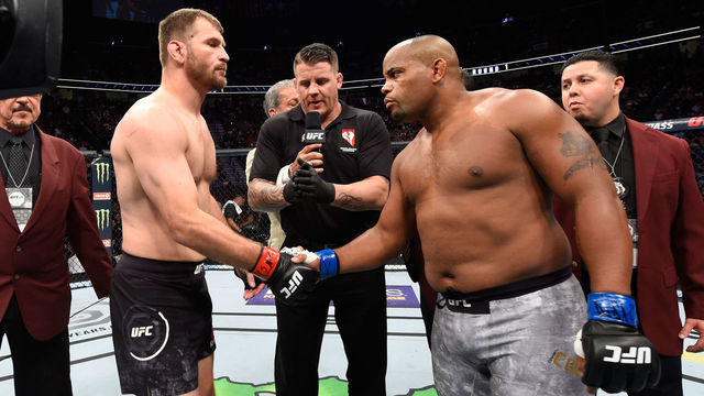 LAS VEGAS, NV - JULY 07: Daniel Cormier shakes hands with Stipe Miocic before their UFC heavyweight championship fight during the UFC 226 event inside T-Mobile Arena on July 7, 2018 in Las Vegas, Nevada.