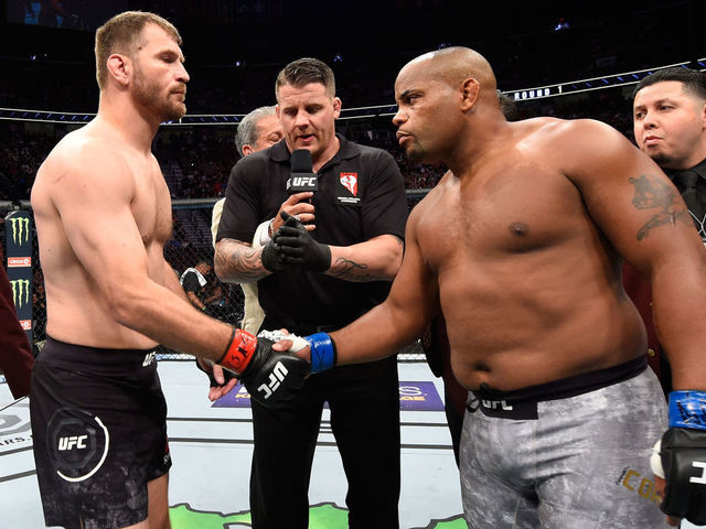 LAS VEGAS, NV - JULY 07: Daniel Cormier shakes hands with Stipe Miocic before their UFC heavyweight championship fight during the UFC 226 event inside T-Mobile Arena on July 7, 2018 in Las Vegas, Nevada.