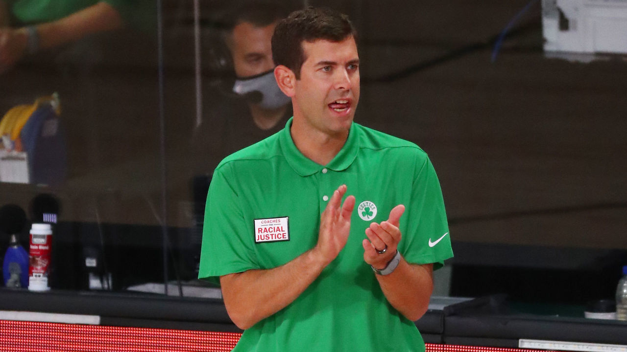 LAKE BUENA VISTA, FLORIDA - AUGUST 09:Head coach Brad Stevens of the Boston Celtics reacts during the first half against the Orlando Magic at AdventHealth Arena at ESPN Wide World Of Sports Complex on August 9, 2020 in Lake Buena Vista, Florida.