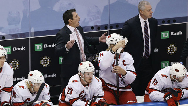 TORONTO, ONTARIO – AUGUST 12: Head coach Rod Brind'Amour of the Carolina Hurricanes handles bench duties during the first period against the Boston Bruins in Game One of the Eastern Conference First Round during the 2020 NHL Stanley Cup Playoffs at Scotiabank Arena on August 12, 2020 in Toronto, Ontario, Canada.