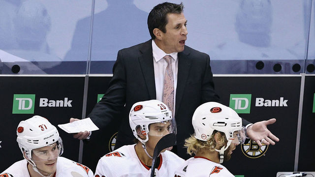 TORONTO, ONTARIO – AUGUST 12: Head coach Rod Brind'Amour of the Carolina Hurricanes reacts in overtime during the game against the Boston Bruins in Game One of the Eastern Conference First Round during the 2020 NHL Stanley Cup Playoffs at Scotiabank Arena on August 12, 2020 in Toronto, Ontario, Canada.