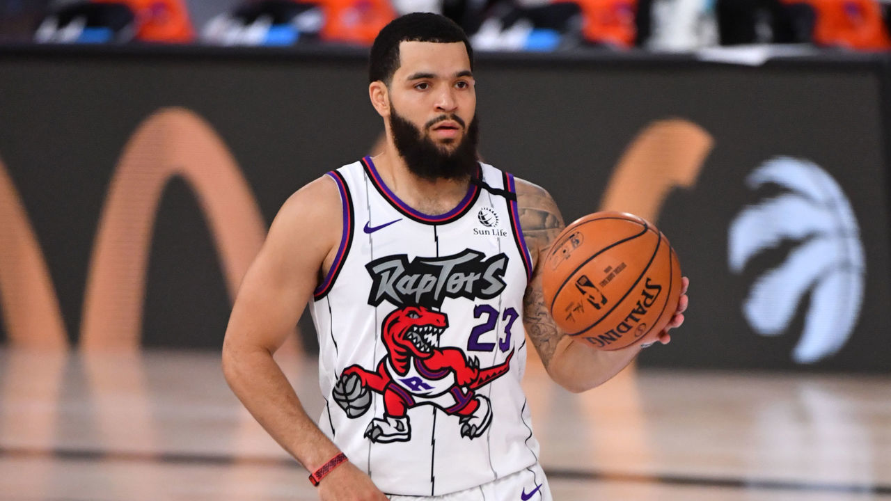 ORLANDO, FL - AUGUST 9: Fred VanVleet #23 of the Toronto Raptors handles the ball against the Memphis Grizzlies on August 9, 2020 at Visa Athletic Center at ESPN Wide World of Sports in Orlando, Florida. NOTE TO USER: User expressly acknowledges and agrees that, by downloading and/or using this Photograph, user is consenting to the terms and conditions of the Getty Images License Agreement. Mandatory Copyright Notice: Copyright 2020 NBAE