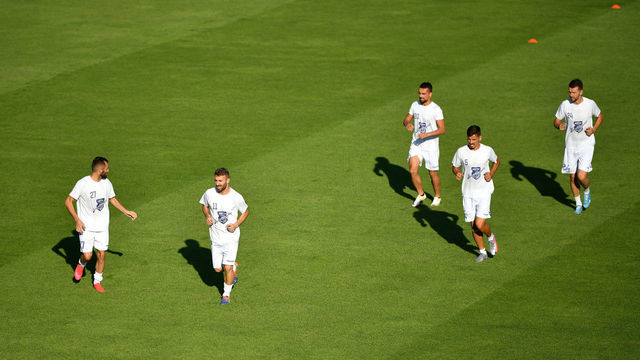 NYON, SWITZERLAND - AUGUST 08: Drita FC players warm-up ahead of the UEFA Champions League 2020/21 Preliminary Round Semi-final match between Drita FC v Inter Club d'Escaldes at Colovray Sports Center on August 8, 2020, in Nyon, Switzerland