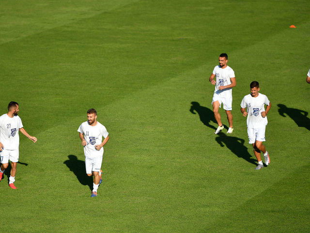 NYON, SWITZERLAND - AUGUST 08: Drita FC players warm-up ahead of the UEFA Champions League 2020/21 Preliminary Round Semi-final match between Drita FC v Inter Club d'Escaldes at Colovray Sports Center on August 8, 2020, in Nyon, Switzerland