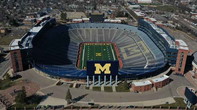 ANN ARBOR MICHIGAN - MARCH 15: Aerial general view from a drone of of Michigan Stadium on March 15, 2020 in Ann Arbor, Michigan.