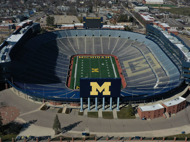 ANN ARBOR MICHIGAN - MARCH 15: Aerial general view from a drone of of Michigan Stadium on March 15, 2020 in Ann Arbor, Michigan.
