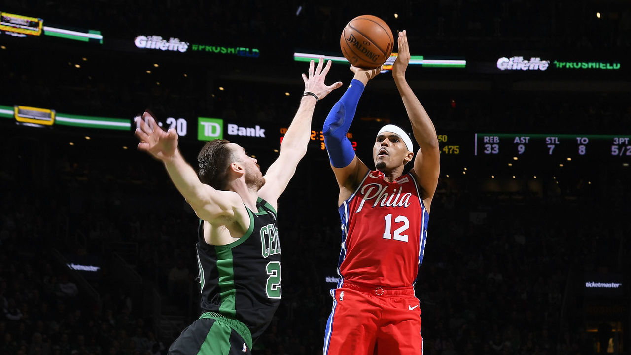 BOSTON, MA - FEBRUARY 1: Tobias Harris #12 of the Philadelphia 76ers shoots three point basket against the Boston Celtics on February 1, 2020 at the TD Garden in Boston, Massachusetts. Mandatory Copyright Notice: Copyright 2020 NBAE