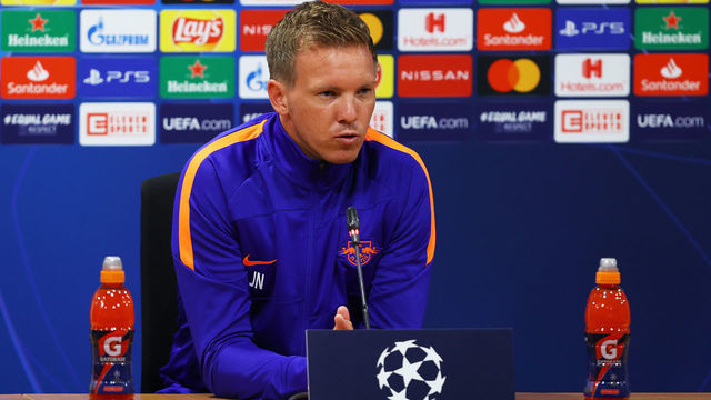 LISBON, PORTUGAL - AUGUST 12: In this handout image provided by UEFA, Julian Nagelsmann, Head Coach of RB Leipzig speaks to the media during a press conference ahead of their UEFA Champions League quarter-finals match against Atletico Madrid at Estadio Jose Alvalade on August 12, 2020 in Lisbon, Portugal.