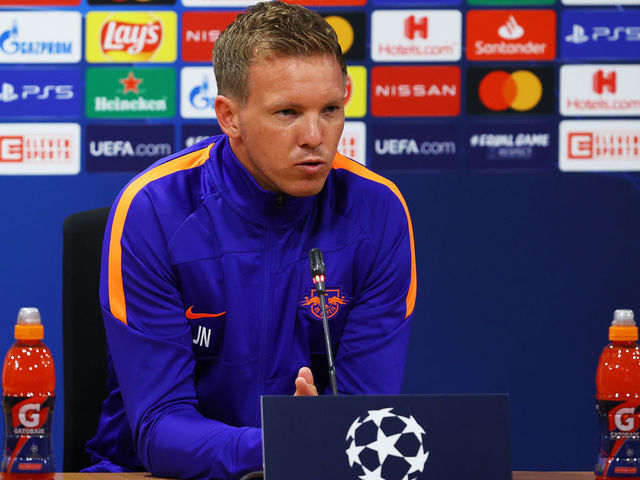LISBON, PORTUGAL - AUGUST 12: In this handout image provided by UEFA, Julian Nagelsmann, Head Coach of RB Leipzig speaks to the media during a press conference ahead of their UEFA Champions League quarter-finals match against Atletico Madrid at Estadio Jose Alvalade on August 12, 2020 in Lisbon, Portugal.