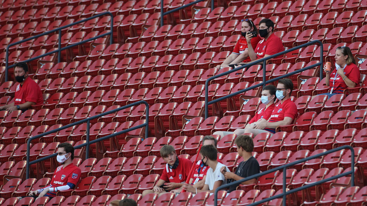 FRISCO, TX - AUGUST 12: Fans of FC Dallas wait for the game to start between FC Dallas and Nashville SC as part of the Major League Soccer 2020 at Toyota Stadium on August 12, 2020 in Frisco, Texas.