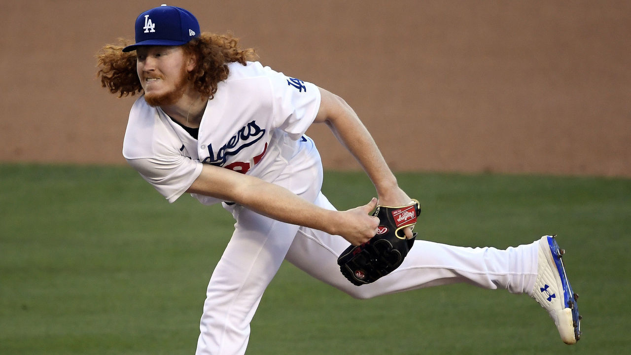 LOS ANGELES, CA - AUGUST 10: Starting pitcher Dustin May #85 of the Los Angeles Dodgers throws a pitch against the San Diego Padres during the sixth inning at Dodger Stadium on August 10, 2020 in Los Angeles, California.