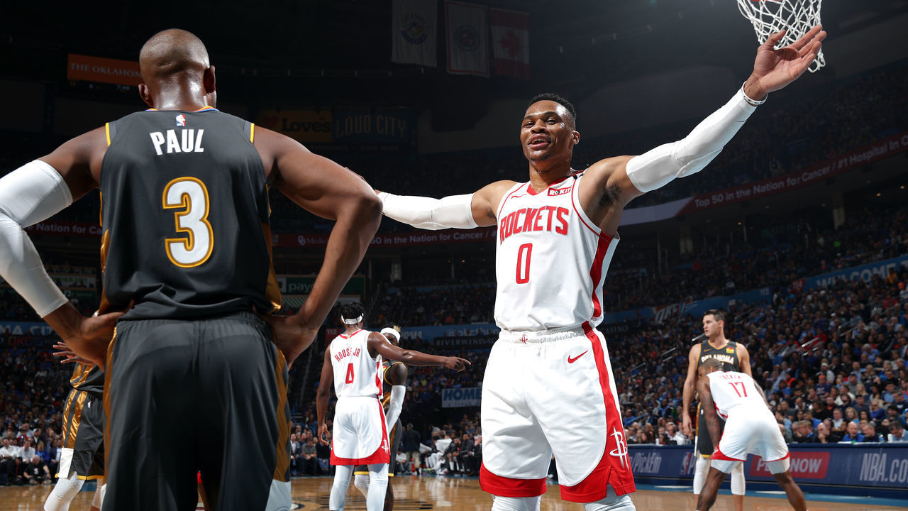 OKLAHOMA CITY, OK - JANUARY 9: Russell Westbrook #0 of the Houston Rockets guards Chris Paul #3 of the Oklahoma City Thunder during the game on January 9, 2020 at Chesapeake Energy Arena in Oklahoma City, Oklahoma. Mandatory Copyright Notice: Copyright 2020 NBAE