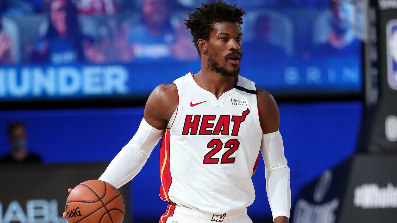 Orlando, FL - AUGUST 12: Jimmy Butler #22 of the Miami Heat handles the ball during the game against the Oklahoma City Thunder on August 12, 2020 at The Visa Athletic Center at ESPN Wide World Of Sports Complex in Reunion, Florida. NOTE TO USER: User expressly acknowledges and agrees that, by downloading and/or using this Photograph, user is consenting to the terms and conditions of the Getty Images License Agreement. Mandatory Copyright Notice: Copyright 2020 NBAE