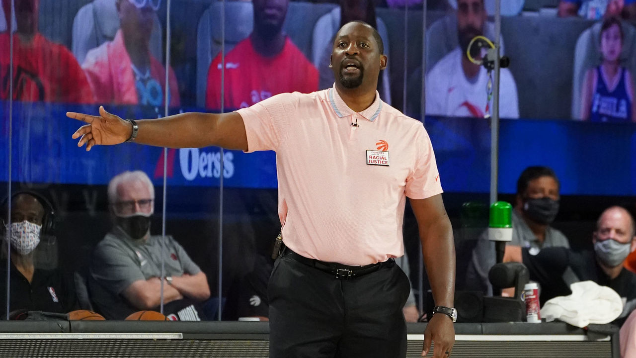 Orlando, FL - AUGUST 12: Assistant Coach, Adrian Griffin, of the Toronto Raptors coaches during a game against the Philadelphia 76ers on August 12, 2020 at The Field House at ESPN Wide World of Sports in Orlando, Florida. NOTE TO USER: User expressly acknowledges and agrees that, by downloading and/or using this Photograph, user is consenting to the terms and conditions of the Getty Images License Agreement. Mandatory Copyright Notice: Copyright 2020 NBAE