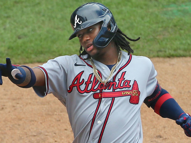 PHILADELPHIA, PA - AUGUST 09: Ronald Acuna Jr. #13 of the Atlanta Braves reacts after he hit a home run against the Philadelphia Phillies in game one of a double header at Citizens Bank Park on August 9, 2020 in Philadelphia, Pennsylvania.