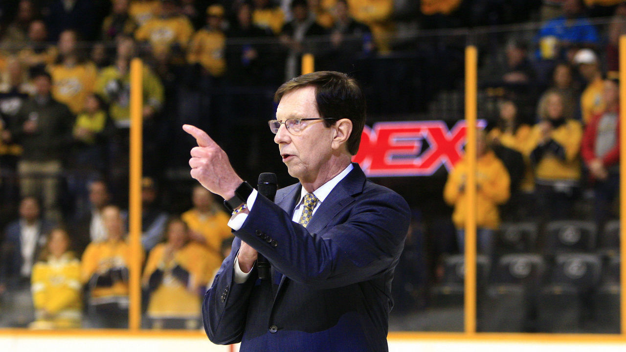 NASHVILLE, TN - MARCH 08: With 1,320 wins, Nashville Predators General Manager David Poile became, on March 1, 2018, the winningest general manager in NHL history. He was honored prior to the March 8, 2018, game between the Predators and the Anaheim Ducks, held at Bridgestone Arena, in Nashville, Tennessee. Poile surpassed Glen Sather, who finished his career with 1,319 wins.