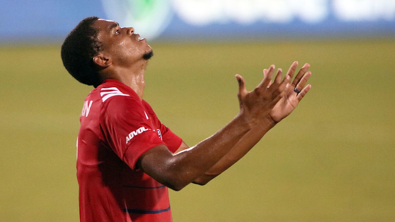FRISCO, TX - AUGUST 12: Reggie Cannon #2 of FC Dallas reacts after fail shot during a game between FC Dallas and Nashville SC as part of the Major League Soccer 2020 at Toyota Stadium on August 12, 2020 in Frisco, Texas.