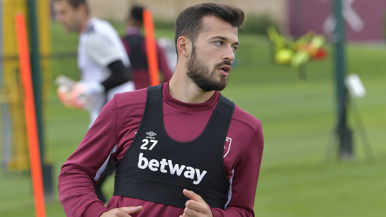 ROMFORD, ENGLAND - JULY 10: Albian Ajeti of West Ham United during Training at Rush Green on July 10, 2020 in Romford, England.