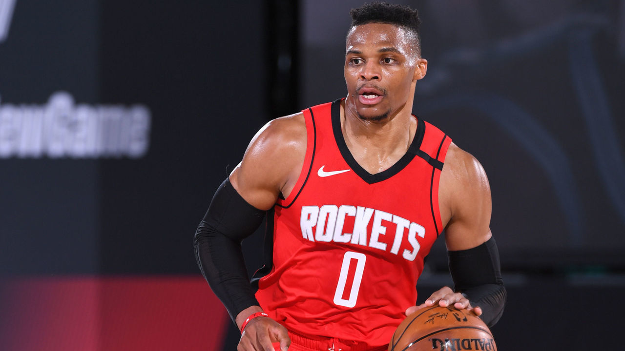 ORLANDO, FL - AUGUST 11: Russell Westbrook #0 of the Houston Rockets dribbles the ball up court against the San Antonio Spurs on August 11, 2020 at The Field House at ESPN Wide World of Sports in Orlando, Florida. NOTE TO USER: User expressly acknowledges and agrees that, by downloading and/or using this Photograph, user is consenting to the terms and conditions of the Getty Images License Agreement. Mandatory Copyright Notice: Copyright 2020 NBAE