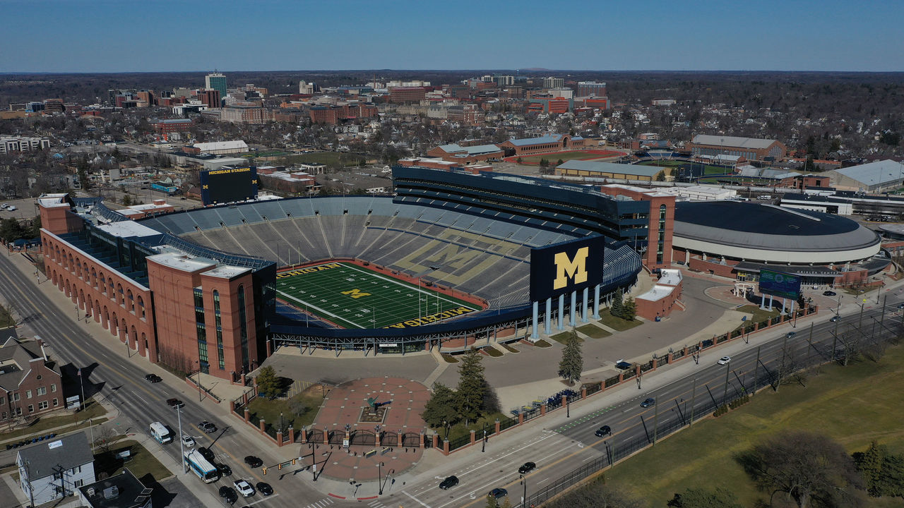 ANN ARBOR MICHIGAN - MARCH 15: Aerial general view from a drone of of Michigan Stadium and Crisler Center on March 15, 2020 in Ann Arbor, Michigan.