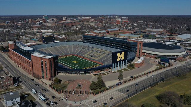 ANN ARBOR MICHIGAN - MARCH 15: Aerial general view from a drone of of Michigan Stadium and Crisler Center on March 15, 2020 in Ann Arbor, Michigan.