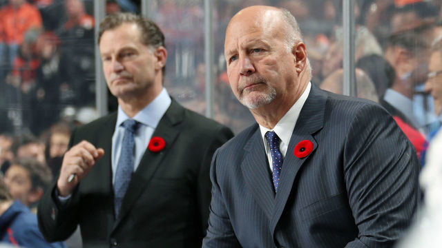 PHILADELPHIA, PA - NOVEMBER 07: Head coach of the Montreal Canadiens Claude Julien with assistant coach Kirk Muller watch a play develop on the ice against the Philadelphia Flyers on November 7, 2019 at the Wells Fargo Center in Philadelphia, Pennsylvania.