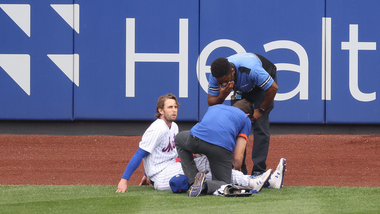 NEW YORK, NEW YORK - AUGUST 13: Jeff McNeil #6 of the New York Mets injures injures his knee after crashing into the wall making a diving catch hit by Asdrubal Cabrera #13 of the Washington Nationals in the first inning during their game at Citi Field on August 13, 2020 in New York City.