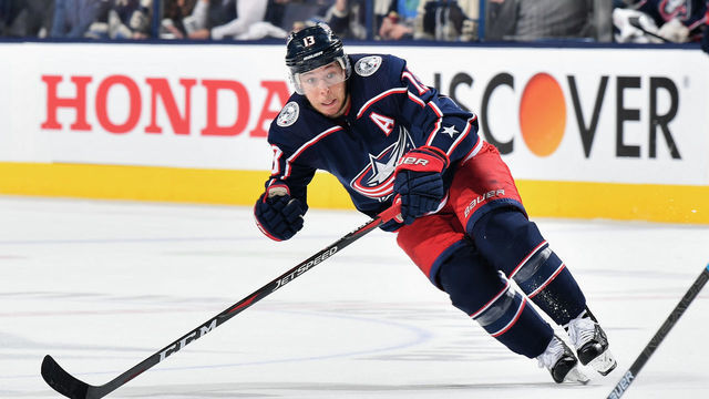 COLUMBUS, OH - APRIL 16: Cam Atkinson #13 of the Columbus Blue Jackets skates against the Tampa Bay Lightning in Game Four of the Eastern Conference First Round during the 2019 NHL Stanley Cup Playoffs on April 16, 2019 at Nationwide Arena in Columbus, Ohio. Columbus defeated Tampa Bay 7-3 to win the series 4-0.
